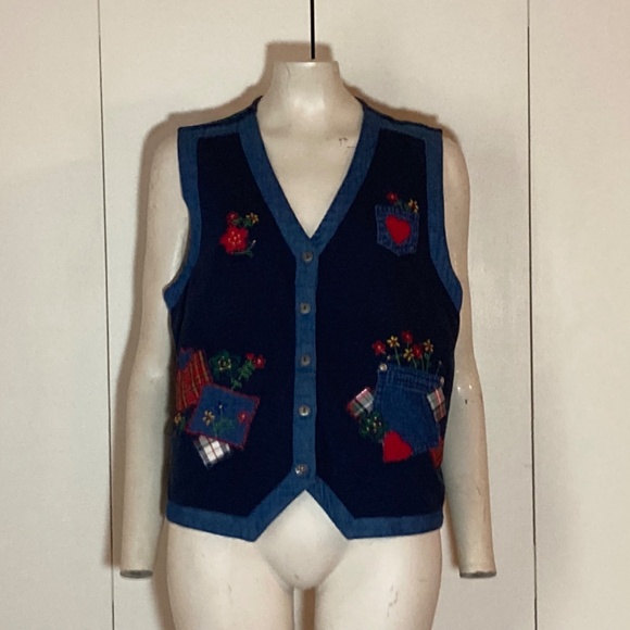 1980 Victoria Jones Navy Blue Vest with Embroidery Flowers and Patches Sz MEDIUM - Picture 6 of 7